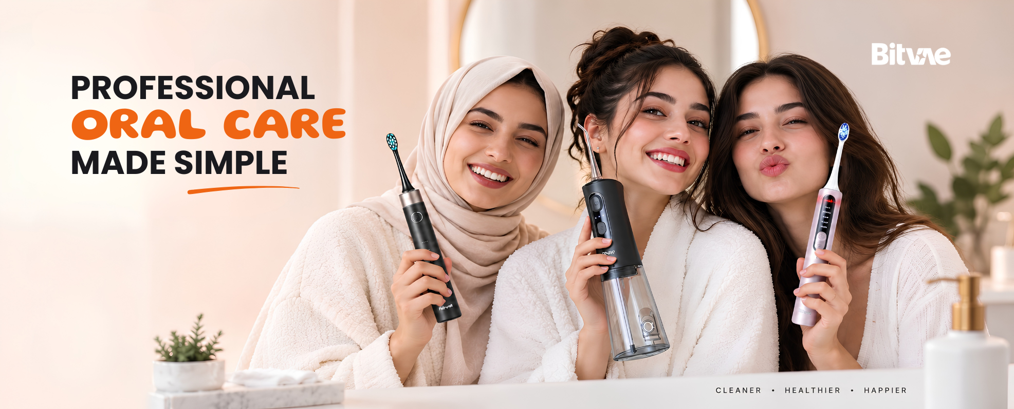 Bitvae oral care banner featuring women using an electric toothbrush and cordless water flosser with the message “Professional Oral Care Made Simple.”